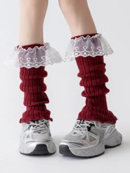 New Design Bow Wine Red Leg Warmers Autumn/Winter Women Ballet Style Lace Trim Stacked Socks Christmas Knitted JK Slouch Socks