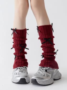 New Design Bow Wine Red Leg Warmers Autumn/Winter Women Ballet Style Lace Trim Stacked Socks Christmas Knitted JK Slouch Socks
