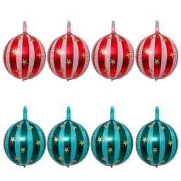 8-Pack of 22-Inch 4D Striped Star Balloons, 4 Red 4D Striped Star Balloons, 4 Green 4D Striped Star Balloons, 4D Aluminum Foil Balloons, Volleyball Balloons, Suitable for Christmas, Birthday Parties, Theme Parties, Christmas Party Decorations