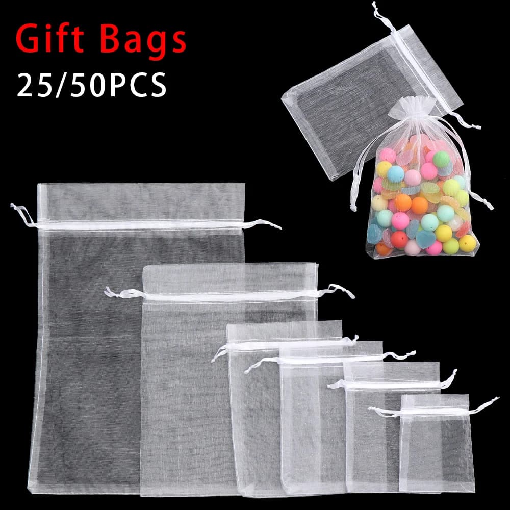 25/50Pcs White Drawstring Pocket Drawable Candy Pouches Organza Gauze Sachet Gift Bags Jewelry Packing Christmas Party Supply