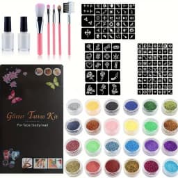 Glitter Temporary Tattoo Set 24 Colors with 2 Bottles of Glue,3 Sheets of Stencil Paper for Stage Performances,Christmas Parties