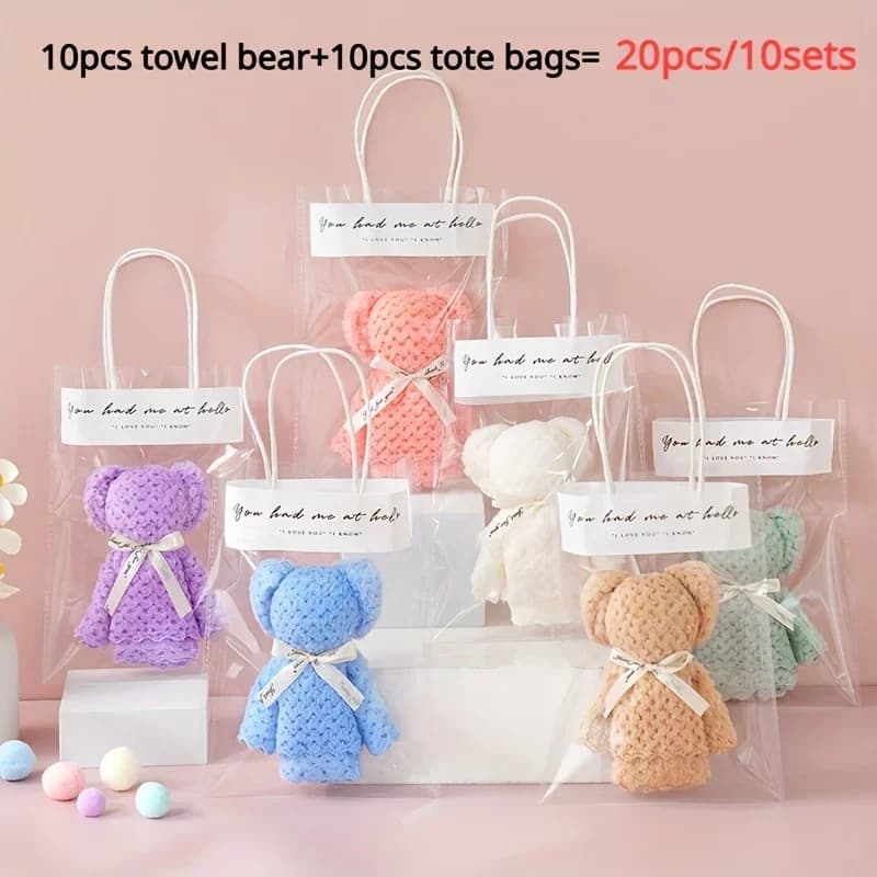 20pcs/10SET Teddy Bear Towel Gift Set, Wedding Companion Gift, Comes with Transparent Bag Suitable for Christmas, Birthday