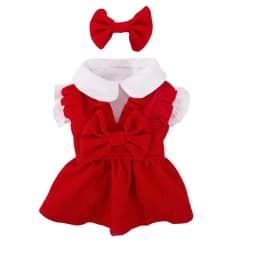Puppy Bow Knot Dress Set Winter Warm Dog Clothes Pet Christmas Princess Dress Teddy Solid Color Skirt Send Clip