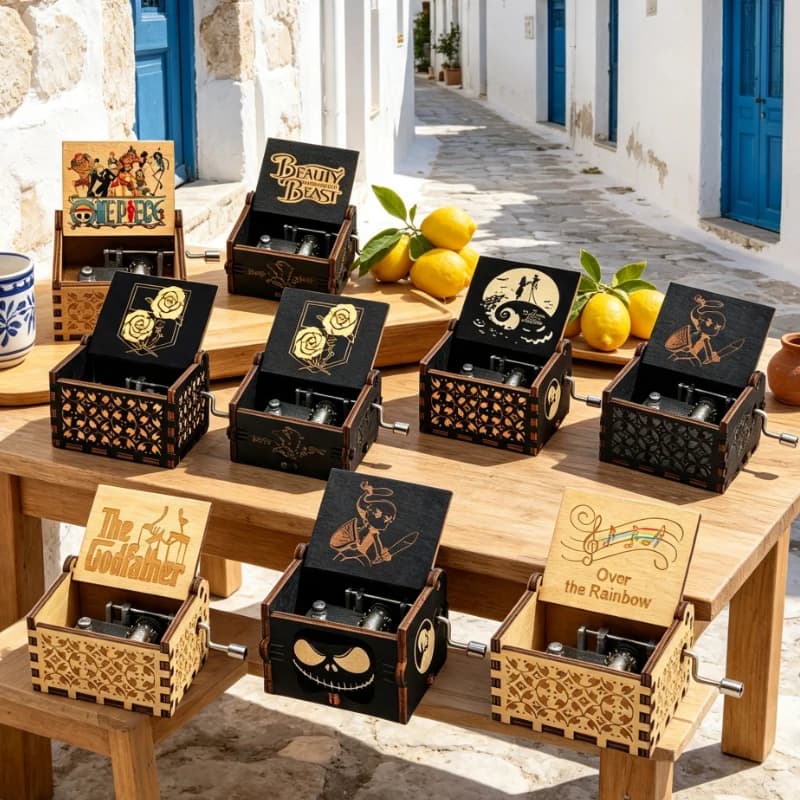 Many Anime styles Music Box Wooden Antique carved Wooden Hand Crank Music Box Classic Theme Music for Christmas Family Decor