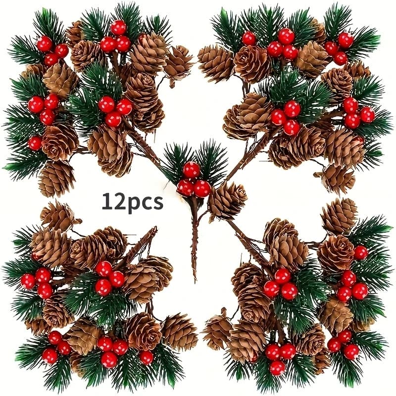 12pcs Artificial Pinecone with Red Berries Ornament, Christmas Decoration, Pine Needle Christmas Tree
