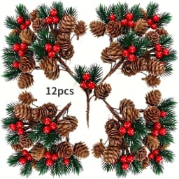 12pcs Artificial Pinecone with Red Berries Ornament, Christmas Decoration, Pine Needle Christmas Tree