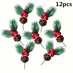 12pcs Artificial Pinecone with Red Berries Ornament, Christmas Decoration, Pine Needle Christmas Tree