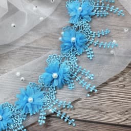 White 3D Chiffon Rose Lace Fabric Flower Pearl Beads Christmas Halloween Holiday Decoration Wedding Decor Lace Ribbon DIY Craft