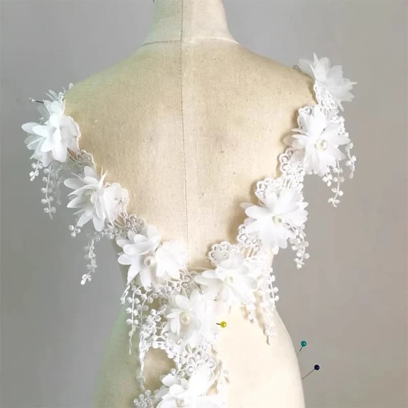 White 3D Chiffon Rose Lace Fabric Flower Pearl Beads Christmas Halloween Holiday Decoration Wedding Decor Lace Ribbon DIY Craft