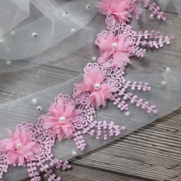 White 3D Chiffon Rose Lace Fabric Flower Pearl Beads Christmas Halloween Holiday Decoration Wedding Decor Lace Ribbon DIY Craft