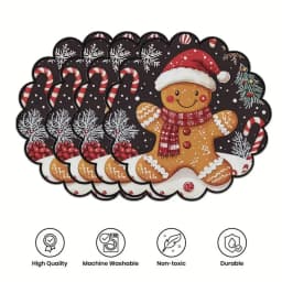 4PCS Christmas Circular Waves Placemats Non Slip Heat Resistant Table Mats Winter Dining Party Christmas Decor Round Tablecloth