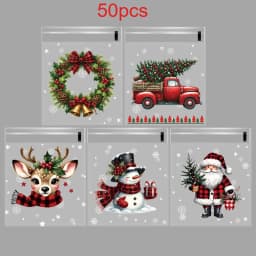 50/100pcs Christmas Gift Wrapping Bags with Snowflake, Santa Claus, Reindeer, and Holly Print Self-Adhesive Packaging Bags