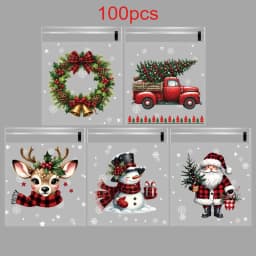 50/100pcs Christmas Gift Wrapping Bags with Snowflake, Santa Claus, Reindeer, and Holly Print Self-Adhesive Packaging Bags