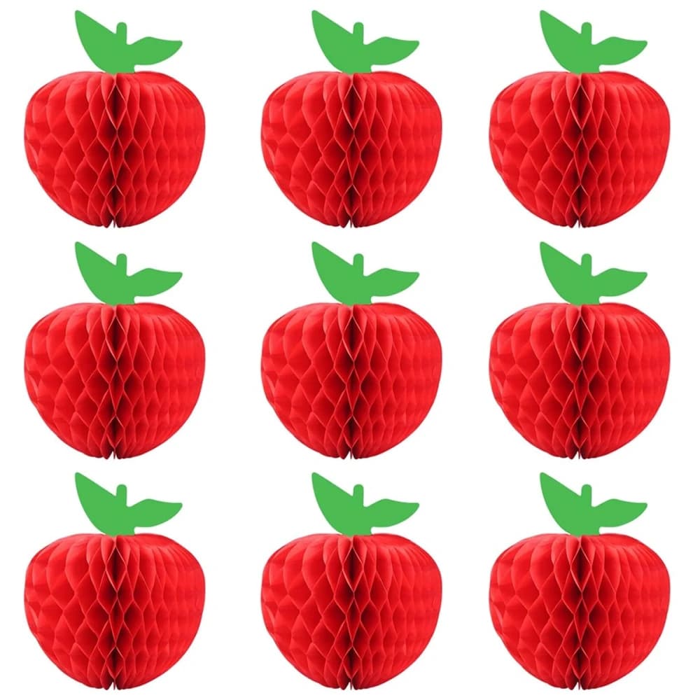 6Pcs10-20cm Red Apple Honeycomb Hanging Ornament for Birthday Back To School Carnival Christmas New Year Family Party Decoration