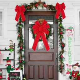 Red Christmas Bows Outdoor Decorations Large Christmas Tree Top Bow Velvet Wreath with Glitter Gold Edge Front Door Decoration