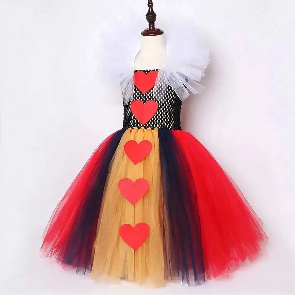 Red Hearts of Queen Long Costumes for Girls Carnival Halloween Tutu Dress with Crown Stick Kids Christmas Birthday Party Outfit