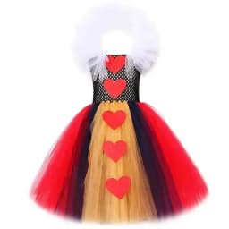 Red Hearts of Queen Long Costumes for Girls Carnival Halloween Tutu Dress with Crown Stick Kids Christmas Birthday Party Outfit