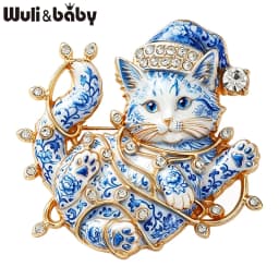 Wuli&baby Lovely Christmas Cat Brooches For Women Unisex 2-color Rhinestone Colorful Lights Kitten New Year Party Brooch Pins