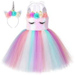 Pastel Flowers Unicorn Costumes for Girls Sequins Birthday Princess Dresses Kids Halloween Christmas Outfit with Wings Horns Bow