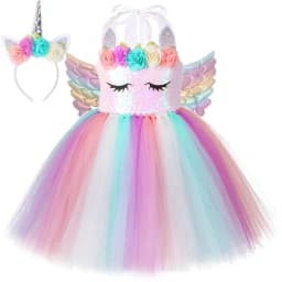 Pastel Flowers Unicorn Costumes for Girls Sequins Birthday Princess Dresses Kids Halloween Christmas Outfit with Wings Horns Bow