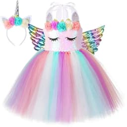 Pastel Flowers Unicorn Costumes for Girls Sequins Birthday Princess Dresses Kids Halloween Christmas Outfit with Wings Horns Bow