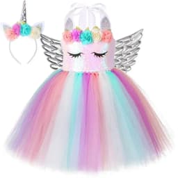 Pastel Flowers Unicorn Costumes for Girls Sequins Birthday Princess Dresses Kids Halloween Christmas Outfit with Wings Horns Bow