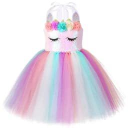 Pastel Flowers Unicorn Costumes for Girls Sequins Birthday Princess Dresses Kids Halloween Christmas Outfit with Wings Horns Bow