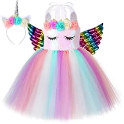 Pastel Flowers Unicorn Costumes for Girls Sequins Birthday Princess Dresses Kids Halloween Christmas Outfit with Wings Horns Bow