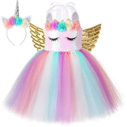 Pastel Flowers Unicorn Costumes for Girls Sequins Birthday Princess Dresses Kids Halloween Christmas Outfit with Wings Horns Bow
