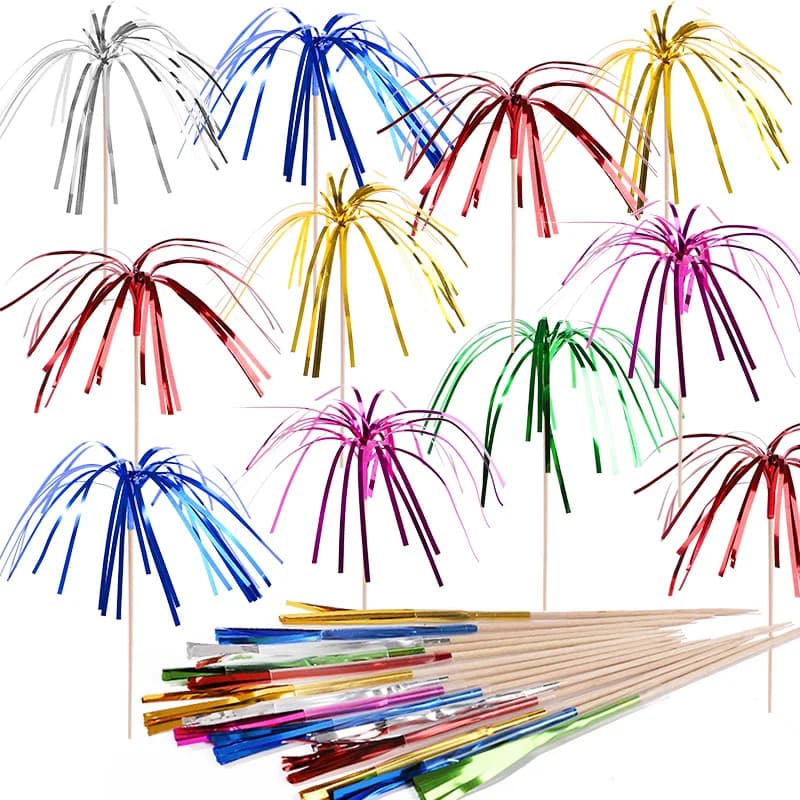 50Pcs Tassel Fireworks Cake Topper Cocktail Picks Dessert Food Fruit Toothpick for Wedding Birthday Party Decoration Christmas