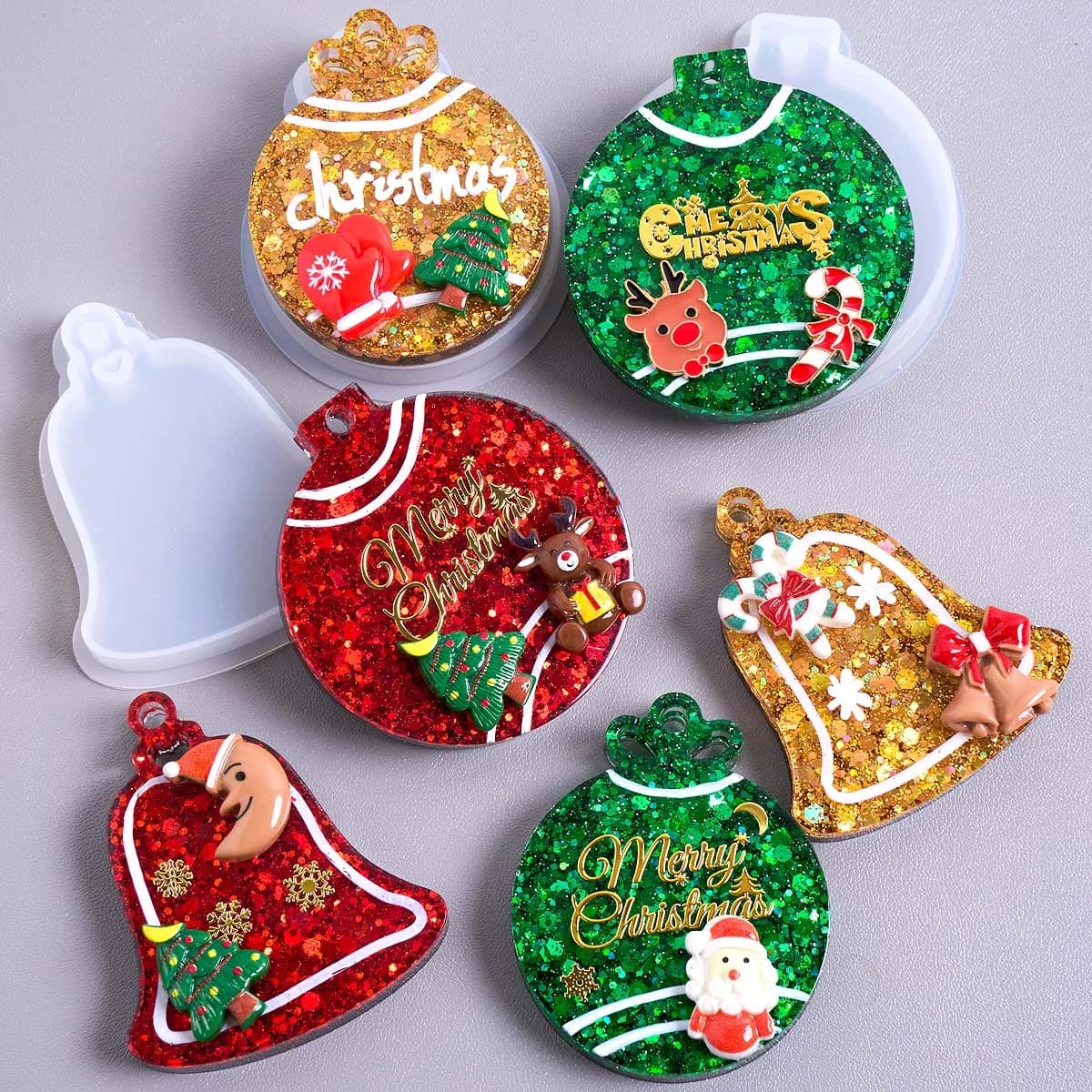 Xmas Tag Pendant Silicone Mold DIY Handmade Round Bell Keychain UV Epoxy Resin Plaster Craft Casting Molds Christmas Tree Decor