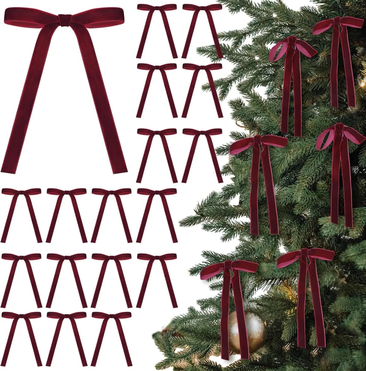 24 Pcs Velvet Bows Christmas Tree Ornaments Vintage Velvet Ribbon Bows for Tree Garland Wreath Indoor Xmas Decorations