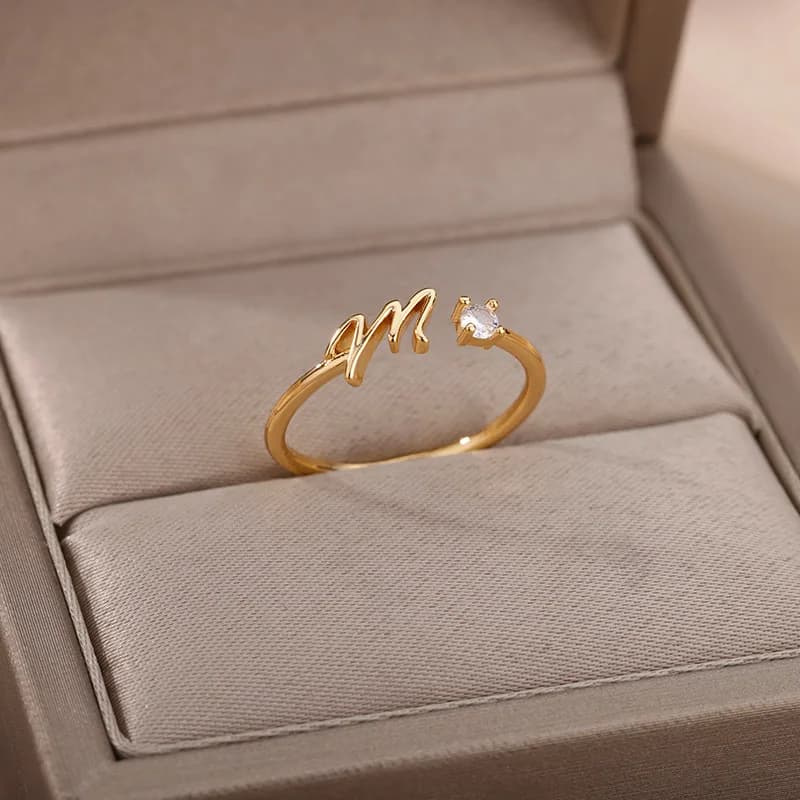 Zircon Tiny Initial Letter Rings For Women Stainless Steel A-Z Letters Adjustable Ring Female Christmas Aesthetic Jewelry Gift