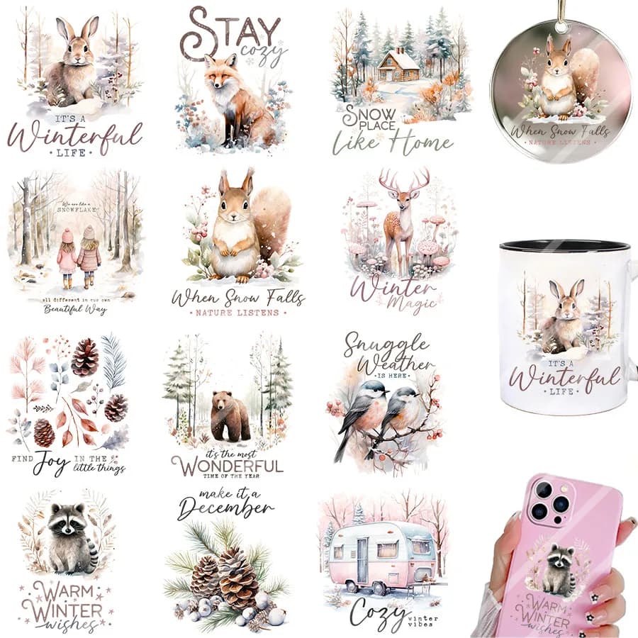 2pcs Winter Christmas Forest Animal DIY UV DTF Rub On Transfer Stickers Tumbler Glass Cup Can Wrap Card Xmas Tree Ornament Decor