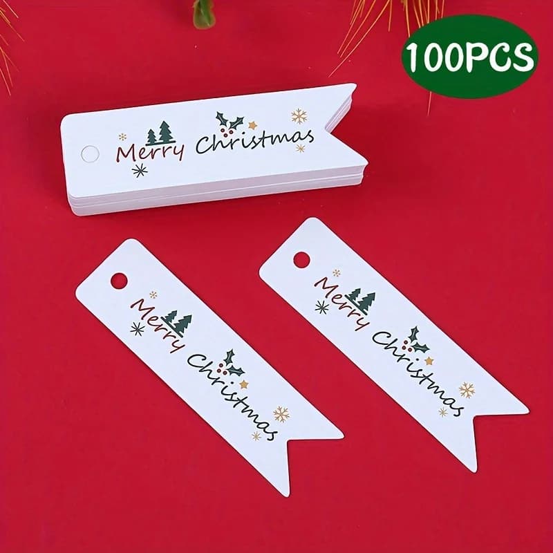 100PCS Matte Finish Christmas Gift Tags with String - Holiday Present Labels with Merry Christmas Lettering Design