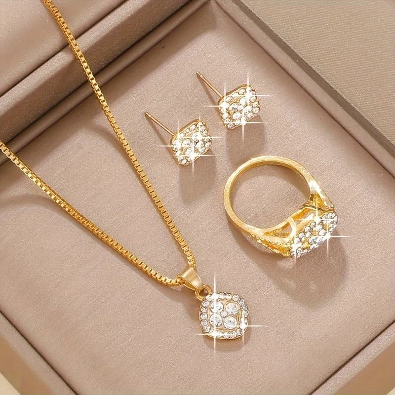 Luxury Cube Jewelry Set Women's Elegant Necklace Earrings & Ring Set Perfect Gift for Valentine's Day Christmas Gift