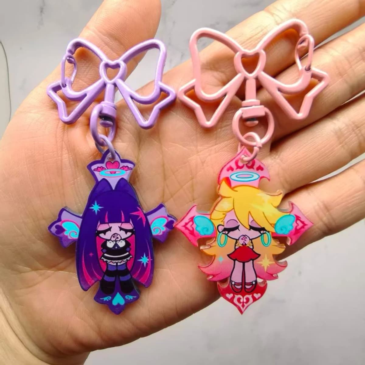 Anime Panty & Stocking with Garterbelt Bowknot KeyChain Kawaii Figure Acrylic Keyrings Backpack Pendant For Fans Christmas Gifts