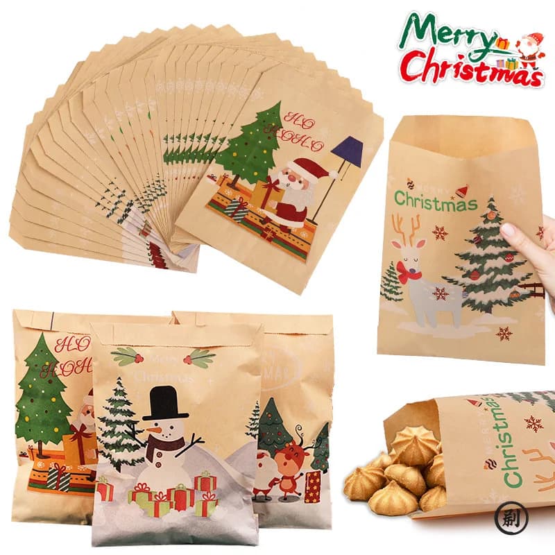 24pcs Merry Christmas Gift Bags Santa Claus Kraft Paper Candy Cookies Bag Xmas Party Favors 2025 Christmas DIY Advent Calendar