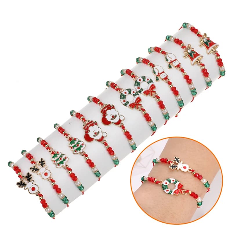 6/12PCS Christmas Red Rope Santa Claus Elk Bell Crystal Beaded Bracelet for Women Children Girl Christmas Party Favor Xmas Gift