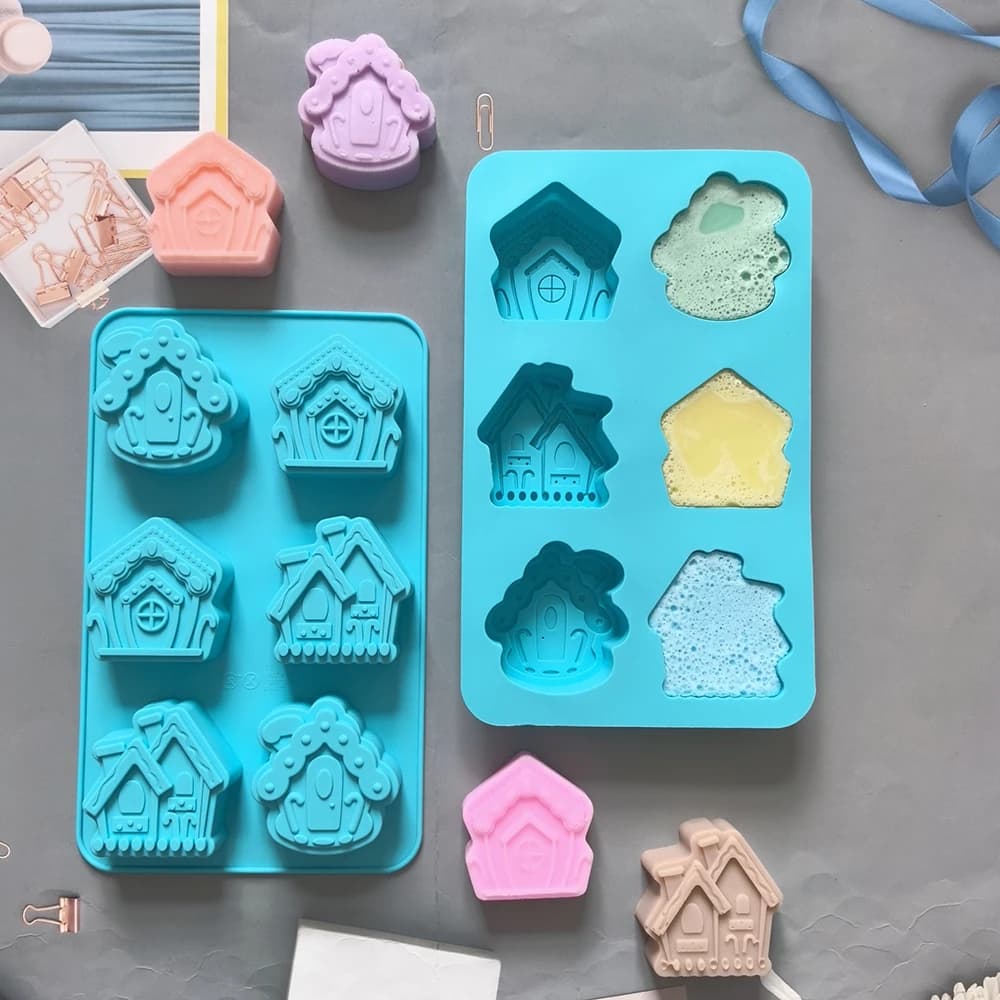 6-cavity Christmas house shaped soap candle silicone mold, suitable for handmade DIY wax molds for aromatherapy soap