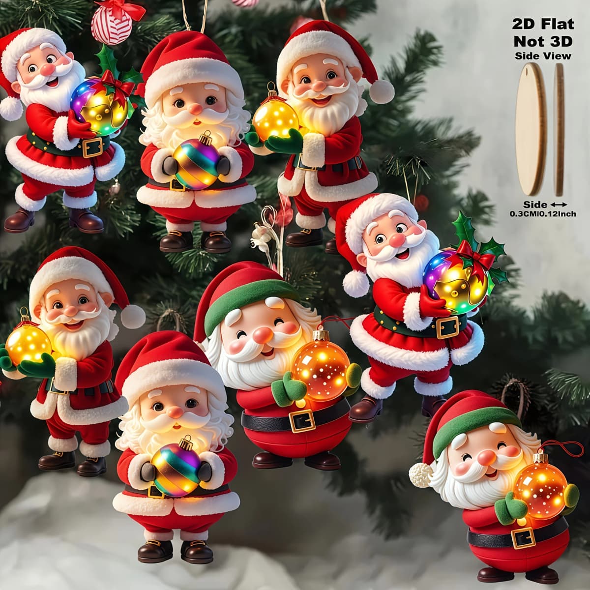 8pcs Vintage Wooden Santa Claus Ornaments 2D Flat Festive Christmas Tree Decorations with Glowing Lights for Holiday Parties