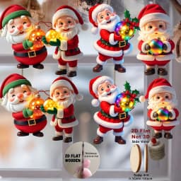 8pcs Vintage Wooden Santa Claus Ornaments 2D Flat Festive Christmas Tree Decorations with Glowing Lights for Holiday Parties