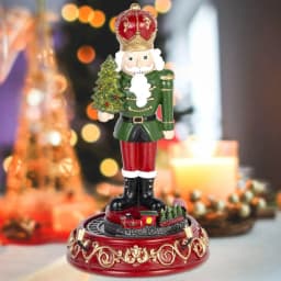 Christmas Nutcracker Figurine with LED Lights & Rotating Train, Music Box Village Decoration, Collectible Xmas Table Ornament