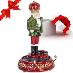 Christmas Nutcracker Figurine with LED Lights & Rotating Train, Music Box Village Decoration, Collectible Xmas Table Ornament