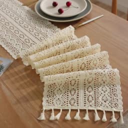 Vintage Beige Table Runner Christmas Crochet Lace Cotton Blended Fabric with Tassel For Coffee Table Decor Wedding Decoration