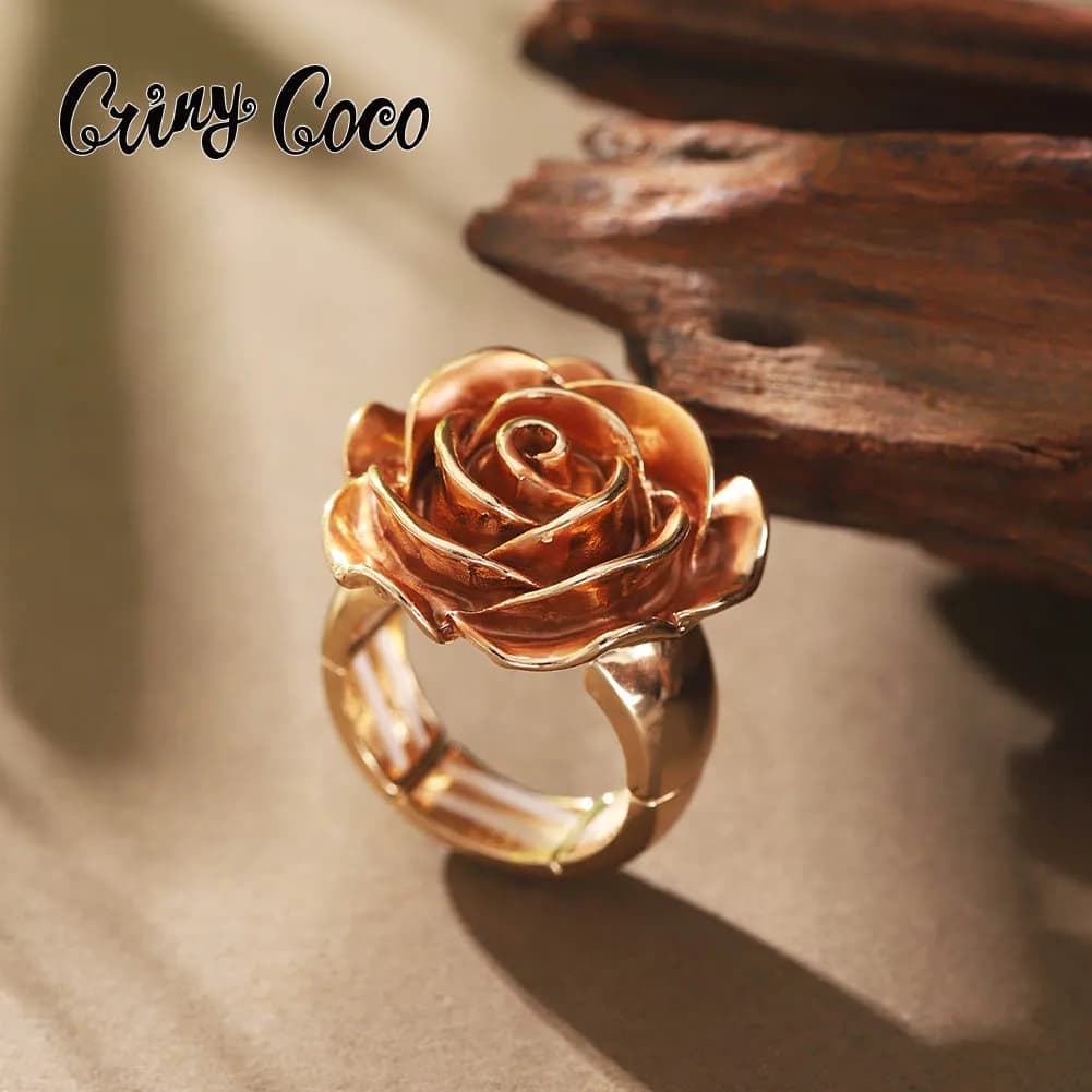 Cring Coco Rose Ring Accessories Women's Elegant Charm Enamel Ring Adjustable Plant Ring Jewelry Fashion Women's Christmas Gift