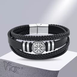 Vnox Norse Viking Bracelets for Men Boys, Black Mens Leather Bracelet Bangle Birthday Christmas Gifts to Father Dad Husband BFF