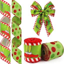 2 Rolls Christmas Ribbon for Wreath Green Dots Monster Ribbon for Gift Wrapping Party Supplies Decoration Wired Winter Christmas