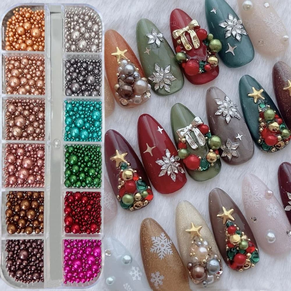 12Grids Christmas Red/Green Pearl Nail Rhinestone Mixed Size Pearlescent Colorful Beads Nali Charms Full Circle Pearl Manicure