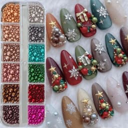 12Grids Christmas Red/Green Pearl Nail Rhinestone Mixed Size Pearlescent Colorful Beads Nali Charms Full Circle Pearl Manicure